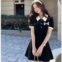 【HOT】☈☌ MEXZT Preppy Bow Turn Down Collar Student Korean Waist Short Sleeve A Sundress