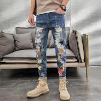 Naimo Menjeans Men S Ripped Jeans Men S Fashion Brand Summer Thin Korean Version Trend All-Match Embroidery Pants Slim Trousers