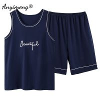 100% Cotton Plus Size 4XL Men Soft Cotton Pajama Summer Sleeveless Pajamas Set Shorts Sleepwear Vest Pijamas Fashion Nightwear