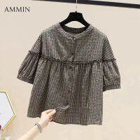 AMMIN เสื้อแขนห้าส่วนผ้าลินินแบบหลวม,ใหม่สำหรับฤดูร้อนผ้าลินินแบบ MODE Korea หูแบบประกบขอบฝ้ายลินินเสื้อเชิ้ตลายสก๊อต