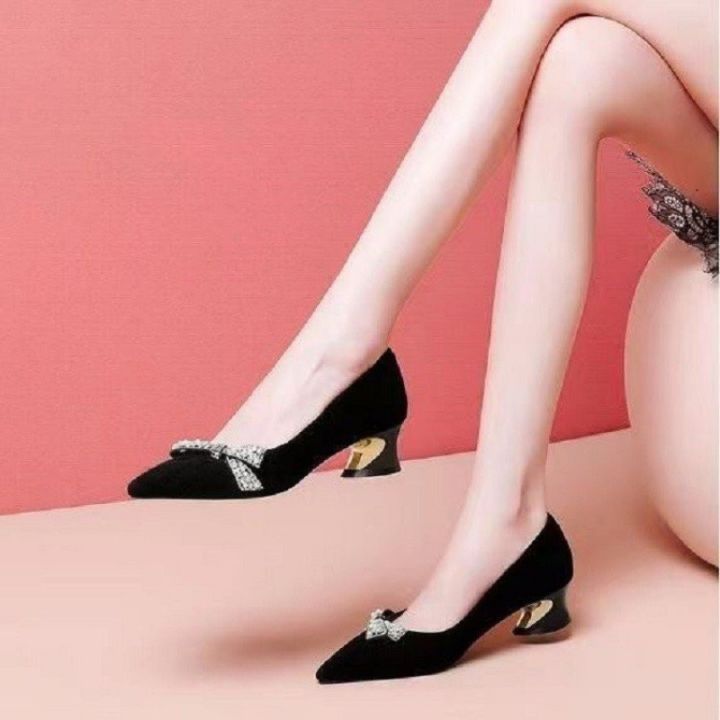 รองเท้าส้นสูงผู้หญิง-2023-ฤดูใบไม้ผลิฤดูใบไม้ร่วงใหม่สีอ่อนตัดแหลมสีทึบโบว์แฟชั่นรองเท้า-2b4z