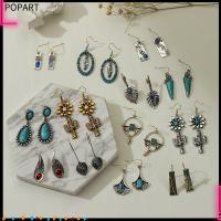 POPART ผู้หญิง Boho Ethnic เงินโบราณ พลอยเทียม ต่างหูตะขอเทอร์ควอยซ์ ต่างหูห้อย ห้อยดอกไม้