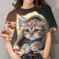 2023 newWomen Fashion Cat Print T Shirt Girls Kawaii Tee O-neck Animal Harajuku Short-sleeved Y2k Clothing