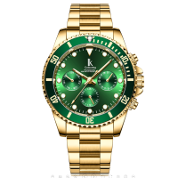 ZZOOI IK Coloring Mens Green Dial Mechanical Watches Top Brand Luxury Golden Stainless Steel Multifunction 6 Hand Date Wristwatches