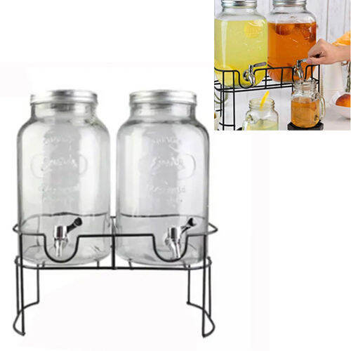 Portable Twin Glass Jar Container 2L Glass Beverage Drink Dispenser ...