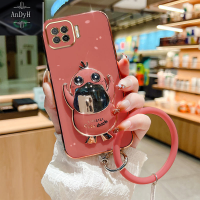 AnDyH เคสโทรศัพท์สำหรับ OPPO A73 2020 F17 A93 2020 Reno 4F F17 Pro Reno 4 Lite น่ารักลายการ์ตูนฉากยึดสเตอริโอเป็ดซิลิโคนนิ่มพร้อมสายรัดข้อมือสีเดียวกัน