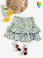 KiddeeCrew กระโปรงเด็ก กระโปรงสั้นครีมดอกไม้ม่วงเหลืองเขียว Green and cream floral short skirt เหมาะสำหรับอายุ 2-10 ปี