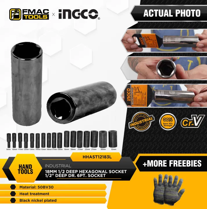 INGCO 18mm 1/2 Deep Hexagonal socket 1/2" Deep Dr. 6pt. socket HHAST12183L + FREEBIES FMAC TOOLS