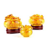 Feng Shui Chinese Crystal Gold Ingots Glass Yellow Wealth Cornucopia Treasure Bowl Statue Decoration