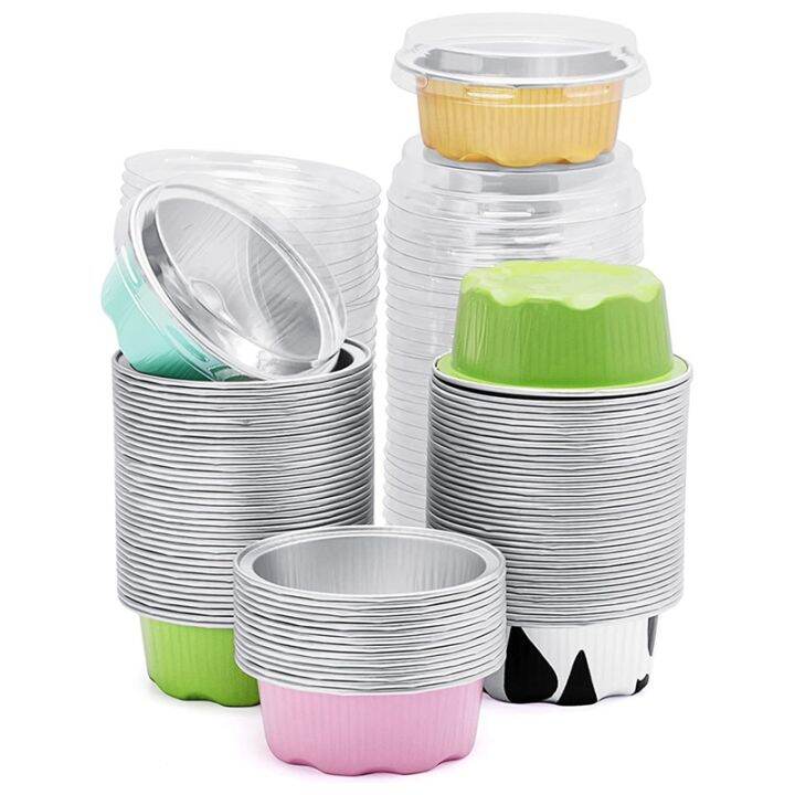 100Pcs Dessert Cups Tinfoil Cup with Lids Salad Dressing Container to