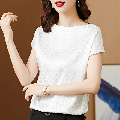 Summer Korean Silk T-shirts for Women Vintage Satin Tops for Women Cotton Short Sleeves T Shirt Black Office Lady Shirts