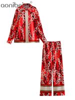 【DT】hot！ Aonibeier Printed Patchwork Suits Traf Sleeve Loose Shirt Oversize Top Female Elastic Waist Pants 2 Piece Sets