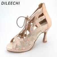 DILEECHI Latin Dance Shoes Women Skin Satin Rhinestones With Net Salsa Party Wedding Ballroom Dancing Shoe Zipper High Cuba Heel