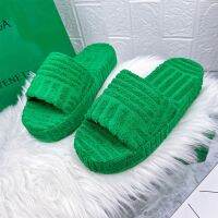 Thick-soled fashion plush slippers [Italian national level] with color socks green casual outerwear muffin bottom half slippers 【QYUE】