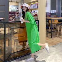 Cotton printed loose medium length T-shirt skirt women 2022 New South Korean fashion short sleeve green rose dress