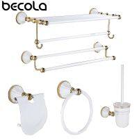 【jw】﹊ BECOLA-Banheiro Conjunto De Hardware Polido Acessórios Luxo Branco e Ouro Pingente Barra Escova Dentes Gancho Pano Toalheiros