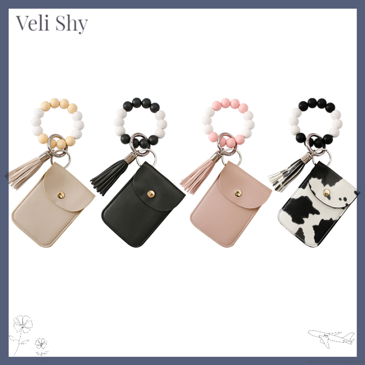 veli-shy-พวงกุญแจสร้อยข้อมือลูกปัดคล้องข้อมือซิลิโคน-เคสหนังกำไลข้อมือพู่ห้อยสำหรับกระเป๋าเก็บบัตร