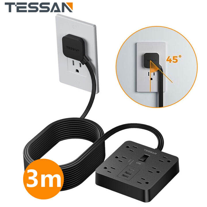 TESSAN Flat Plug Power Strip 3M Extension Cord with USB C Ports