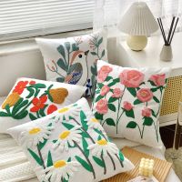 Embroidered Floral Pillow Case Rose Tulip Daisy Flower Cushion Cover For Couch Pillow Home Decoration Living Room 45x45cm Cotton