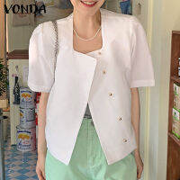 (จัดส่งฟรี)Fancystyle VONDA ผู้หญิงเสื้อของแข็งกระดุมแถวเดียวการเดินทางที่สง่างามสแควร์คอแขนสั้นเสื้อ