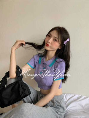 HengShanYuan เสื้อยืดแขนกางเกงสีคอนทราสท์ใหม่,2023เสื้อยืดคอโปโลทรงสลิมเข้ารูปพอดีโชว์สะดือเสื้อเอวลอย