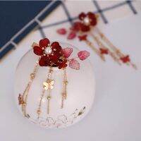 1pair Exquisite Crystal Red Flower Hairclip Retro Chinese Dress Headwear Long Butterfly Tassels Hair Clip Bride Tiaras ML Haberdashery