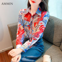 AMMIN เสื้อเชิ้ตผ้าชีฟองคอปกพิมพ์ลายหมึกใหม่สำหรับฤดูใบไม้ผลิและฤดูใบไม้ร่วงเสื้อผู้หญิงสไตล์ฉบับภาษาเกาหลีย้อนยุคพิมพ์ลายแอบสแตรกกระเป๋าคู่เสื้อหรูหรา