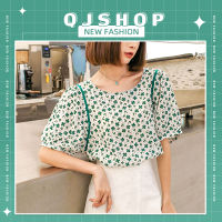 QJshop พร้อมส่ง?เสื้อแฟชั่นสไตล์สาวออฟฟิศลายดอกไม้เล็กๆทั้งตัว เสื้อลายดอกไม้คอกว้างแขนสั้นพิพม์ลายดอกไม้สีสดใส?