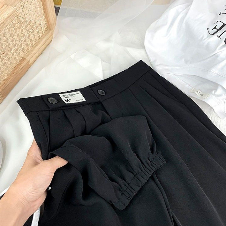กางเกงข้อเท้ายาวสำหรับผู้หญิงสูทฮาเร็มกางเกงขากว้างยืดหยุ่นเอวสูง2023ฤดูร้อนสบายๆ-streetwear-กางเกงกางเกงสีดำ