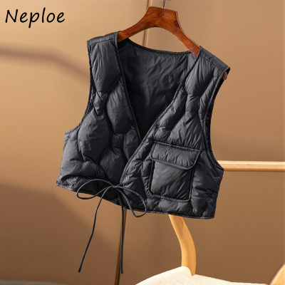 Neploe Cropped Womens Waistcoat Fashion Drawstring Solid Color Cotton Waistcoats Sleeveless Outerwear Winter Vest Jacket Female