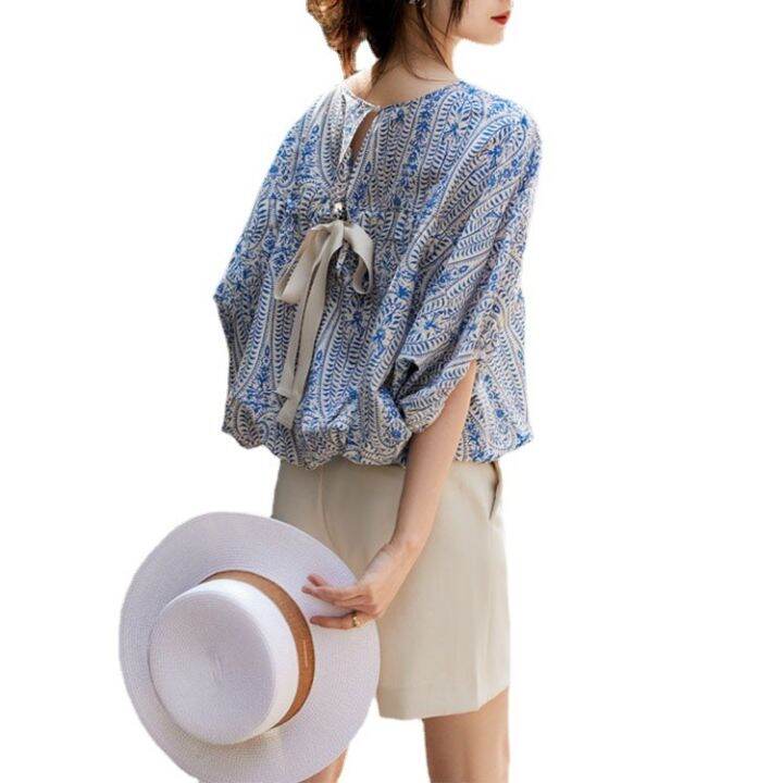 summer-new-covered-belly-top-female-relaxed-loose-bat-sleeve-lace-up-back-bow-floral-shirt-jacket