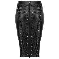 Womens Knee Length Stretch PU Leather Skirt Saia De Couro Jupe Latexwith Ties In Back 2023 Lace Up Zipper BandageLeather Skirts