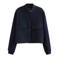 【CW】Dark Blue Cropped Jacket ผู้หญิงแขนยาวกระเป๋าใหญ่ Jacket Chic Lady High Street Casual Coats Top หญิง2023 New