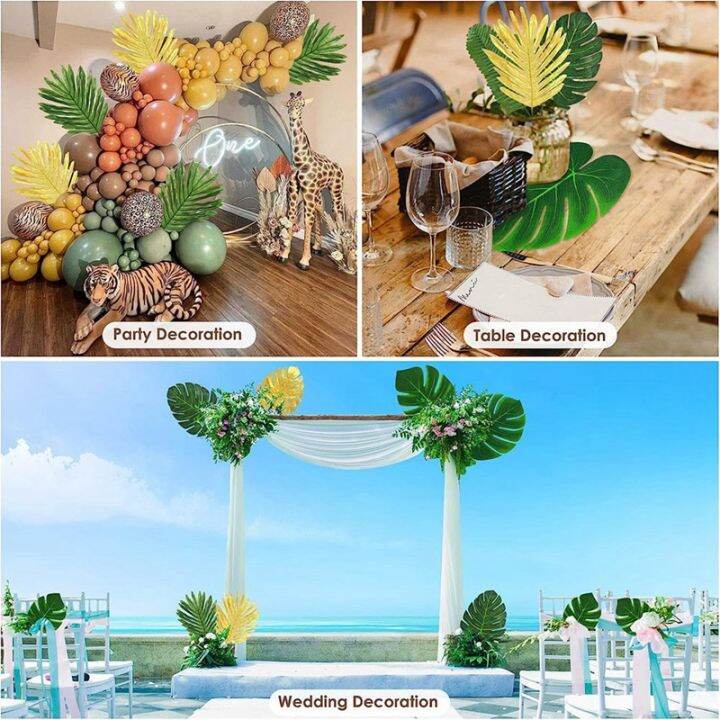 100-pcs-artificial-palm-leaves-tropical-leaves-leaf-gold-and-green-faux-leaves-for-hawaiian-party-table-decoration