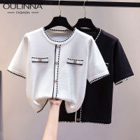 OULINNA Xiaoxiang เสื้อแขนสั้นสำหรับผู้หญิง,เสื้อยืดสีขาวทรงหลวมแขนสั้นคอกลมผ้าไหมน้ำแข็งถัก2022