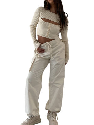 Soul Dancing-คาร์โก้แพนท์สตรีเชือกผูกเอวยางยืดกางเกงขายาวทรงหลวมทึบพร้อมกระเป๋าสตรีทแวร์