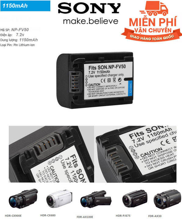 Pin máy quay phim Sony NP-FV50 Lithium ion Dung Lượng 1150mAh - Pin NP-FV50  NPFV50 NP FV50 1150mAh Rechargeable Camera Battery for Sony NP-FV30 NP-FV40  HDR-CX150E CX170 XR150 XR350 XR550 