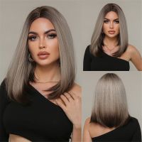 Shoulder Long Ombre Gray Blonde Brown Wig Synthetic Straight Bob Wigs for Black Women Natural Heat Resistant Cosplay Daily Hair