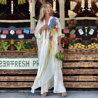 2022 Green Boho Print Bikini Cover-ups Long Kimono Chiffon Tunic Women Big Size Summer Beach Wear Swim Suit Cover Up Pareo A1012