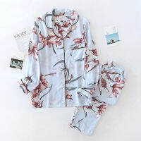 Spring and summer viscose ladies small fresh printed artificial cotton pajamas thin cool flowers long-sleeved home service suit