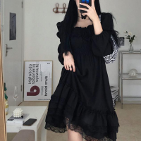 HOUZHOU Black Dress Women Plus Size 4xl Lace Square Collar Short Dresses Gothic Oversized Spring Autumn Streetwear Goth Outfits