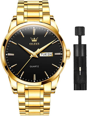 OLEVS Mens Gold Watches Analog Quartz Business Dress Watch Day Date Stainless Steel Classic Luxury Male Wrist Watches Waterproof Luminous Gold Strap Black Face