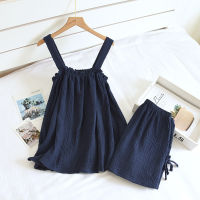 Summer New Style Ladies Pajamas Two-piece 100Cotton Crepe Suspender Shorts Vest Suit Sweet And Loose Home Service Sexy Pjs