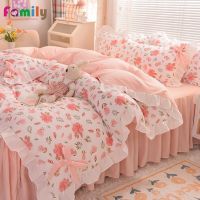 Caldwelllj Ins Fashion Solid Bedding Set with Fitted Bed Sheet Cute Princess AB Double Sided Ruffle Quilt Cover Pillowcase Full Queen King