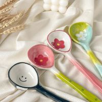 Korean Ceramic Flower Soup Spoon Ceramic Hand Painted Ice Cream Dessert Spoon Long Handle Coffee Spoon Kitchen Dinnerware Serving Utensils