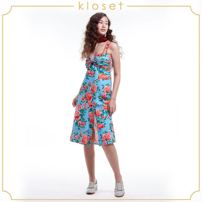 Kloset Rose-meo Front Slit Midi Dress Dress(PF20-D005) ชุดเดรส ชุดเดรสสายเดี่ยว ชุดเดรสสั้น ชุดเดรสผ้าพิมพ์ ชุดเดรสแฟชั่น