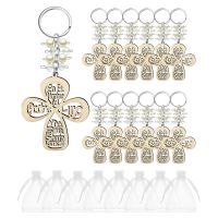 20Pcs Baptism Favor Keychain Wooden Key Ring Wood Design Key Ring with Bag for First Communion