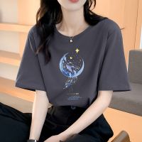 เสื้อยืดสตรีแขนสั้นผ้าฝ้ายทรงหลวมฤดูร้อนใหม่สวยเก๋ท็อปส์ซูออกแบบเฉพาะกระแสน้ำพิมพ์ยอดนิยม