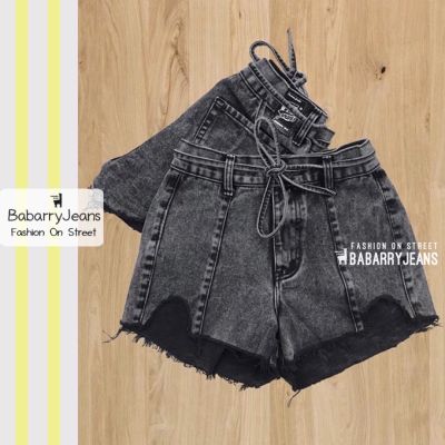 [พร้อมส่ง] Babarryjeans ยีนส์ขาสั้น กางเกงยีนส์ เอวสูง ผ้ายีนส์ไม่ยืด ยีนส์ขาด แต่งปลายขา เอวผูกเชือก สีดำสโนว