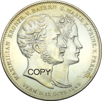 เหรียญเยอรมันราชอาณาจักรของบาวาเรีย2 Thaler 3 1/2 Gulden Ludwig I แต่งงาน1842ทองแดงชุบเงิน